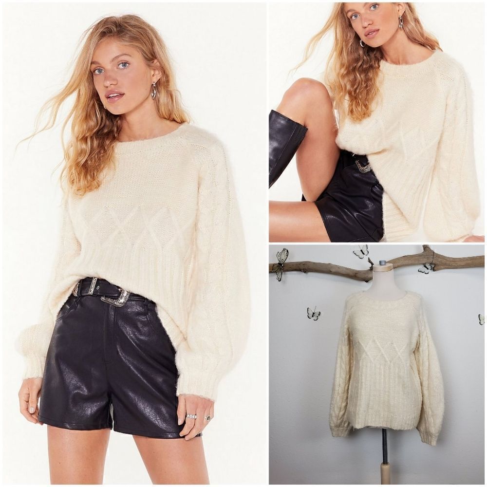 Nasty gal fuzzy cable knit balloon sleeve sweater